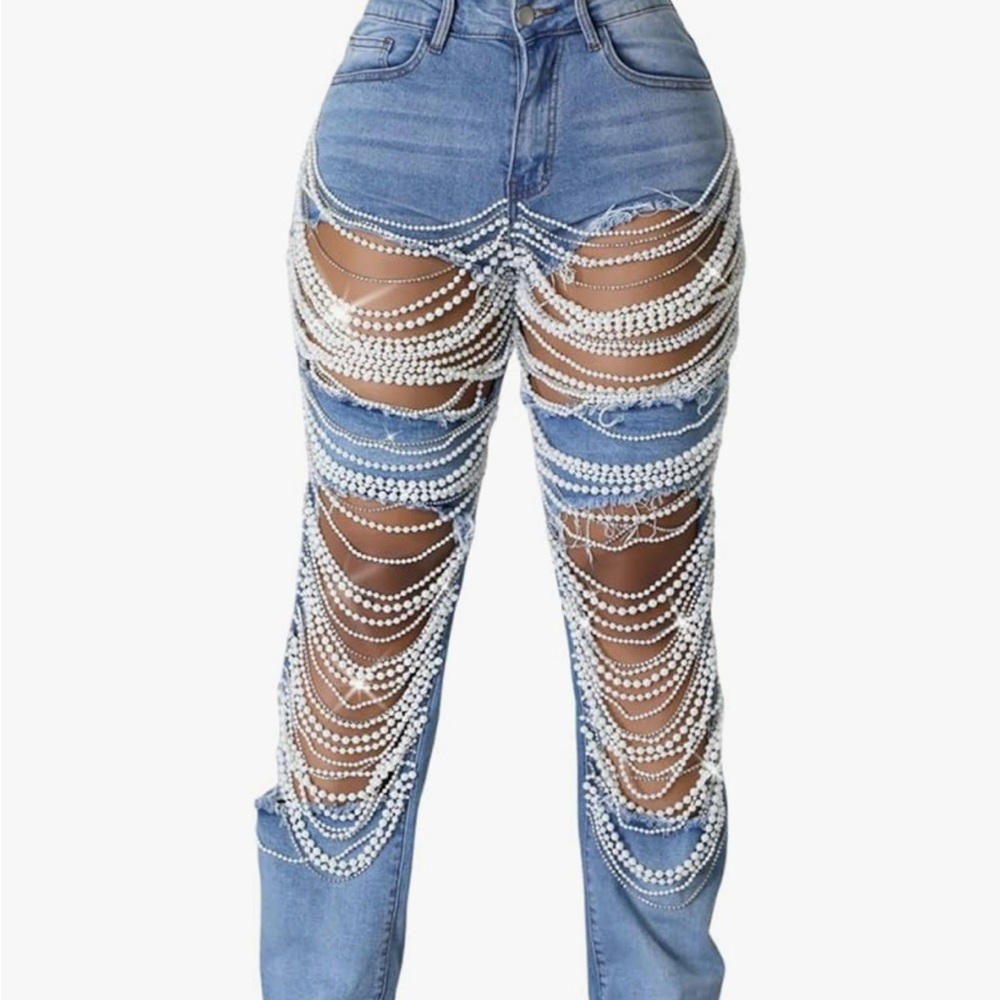 Women's Blue Distressed Jeans with Chain Detail